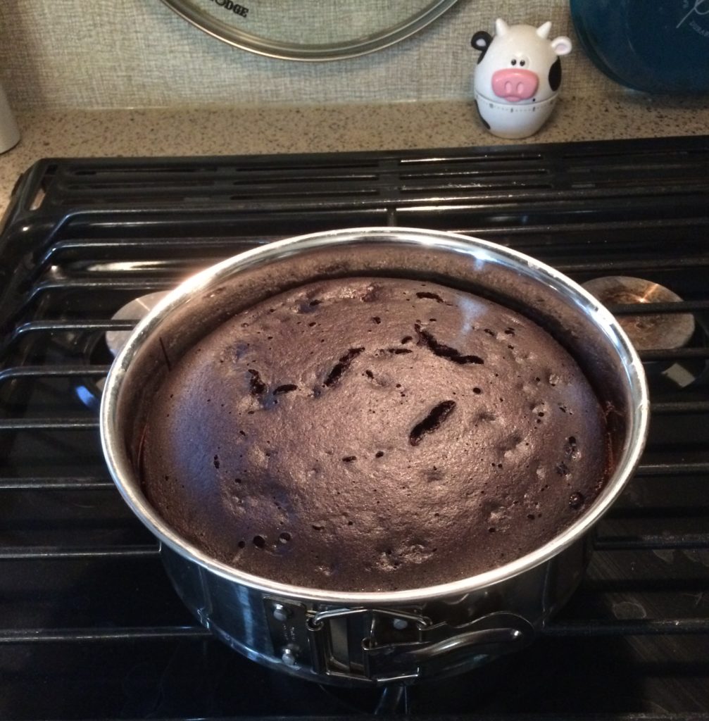 A dark cake cooling in a pan.