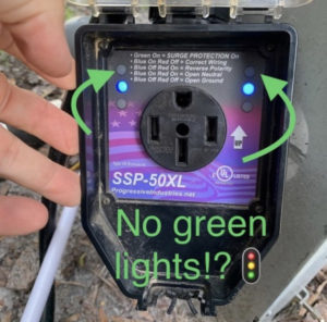 A surge protector with only the blue "good power" lights lit, when the green "surge protector" lights should also be lit.