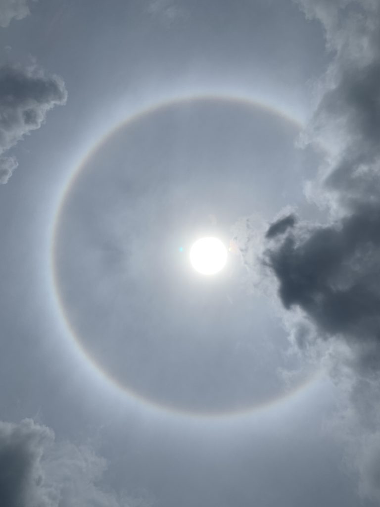 The sun directly overhead with a round rainbow circling it.