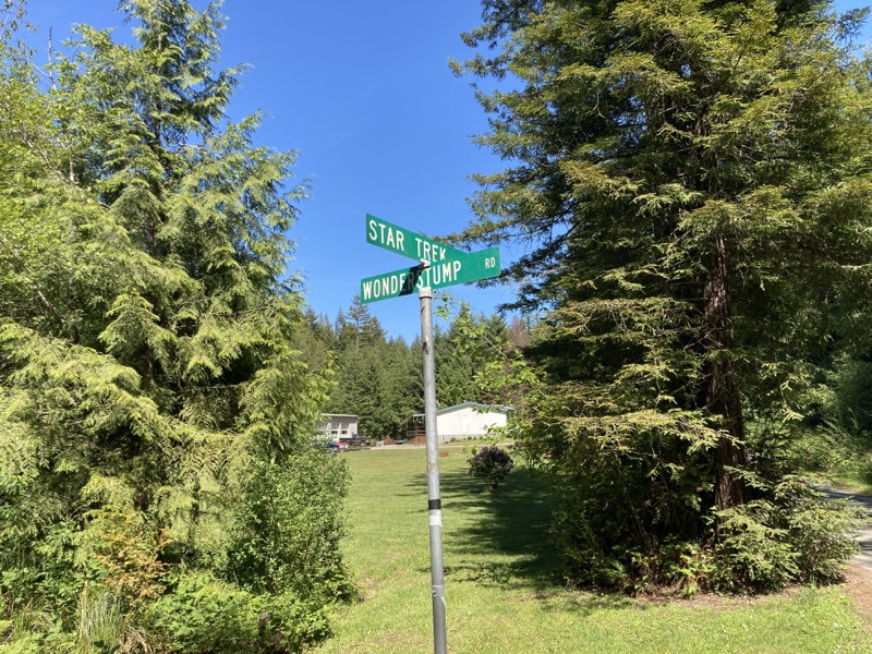 Two intersecting street signs. Star Trek and Wonder Stump.