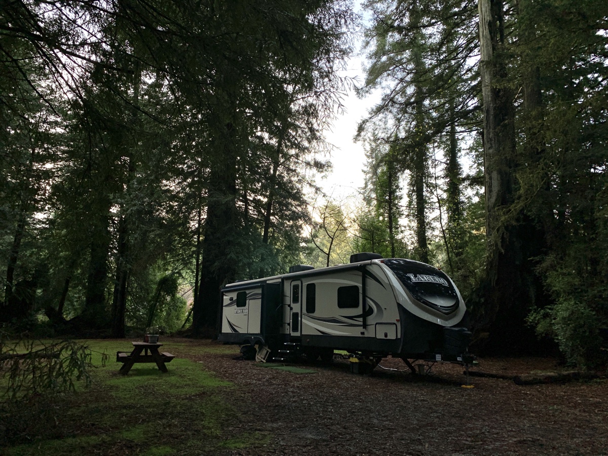 A travel trailer with pop-outs in a site surrounded by tall redwoods. There is grass on the ground and a picnic table next to the trailer. 